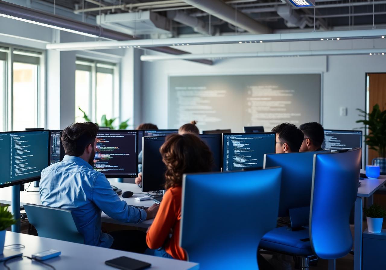 Software engineers collaborating around monitors with code